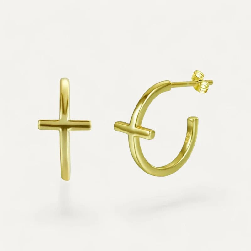 C Shaped Cross Smooth Gold Stud Earrings