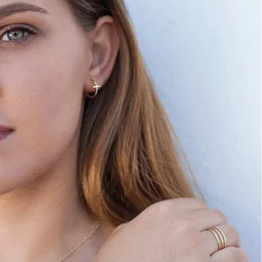 C Shaped Cross Smooth Gold Stud Earrings