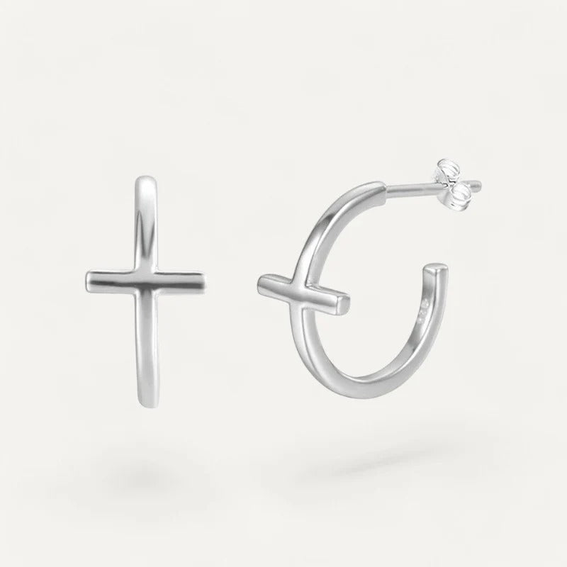 C Shaped Cross Smooth Gold Stud Earrings