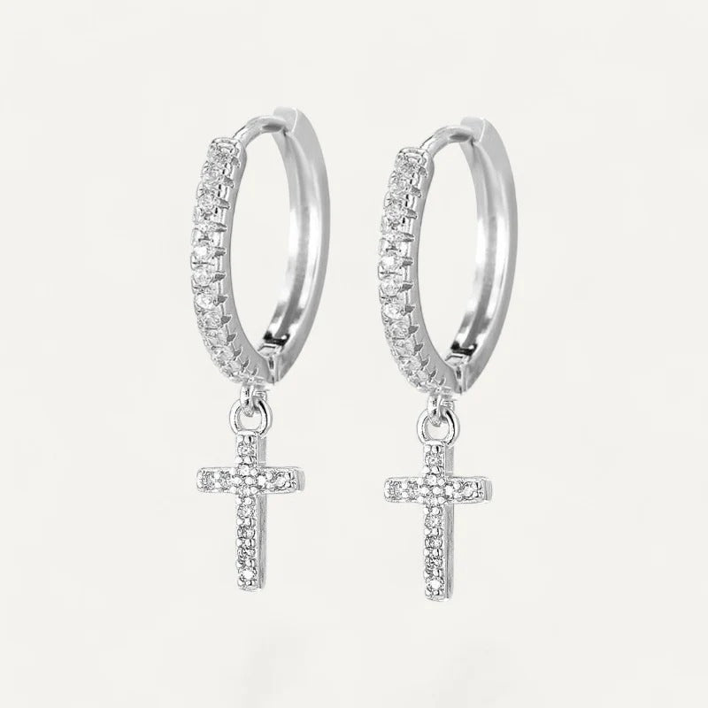 Diamond Set Cross Dangle Hoop Earrings