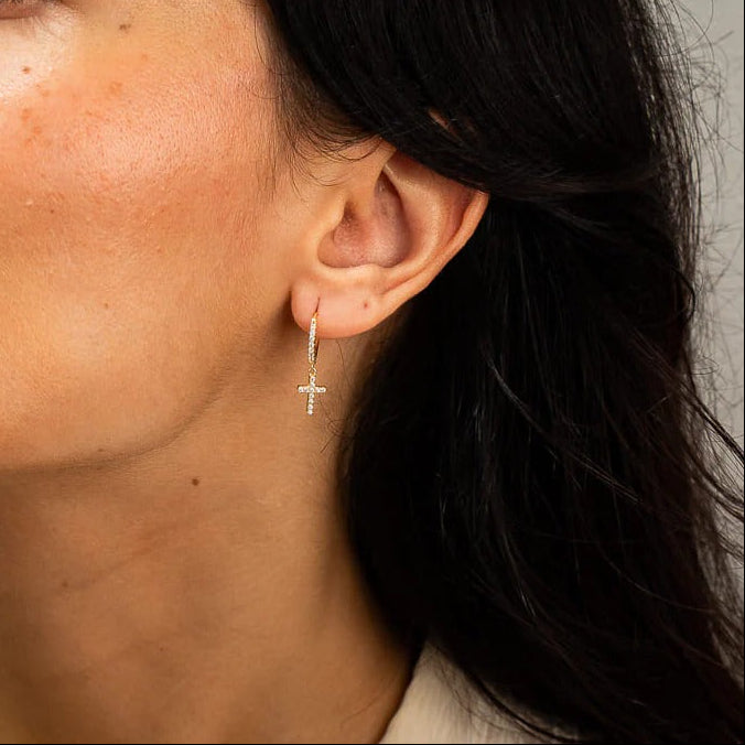 Diamond Set Cross Dangle Hoop Earrings