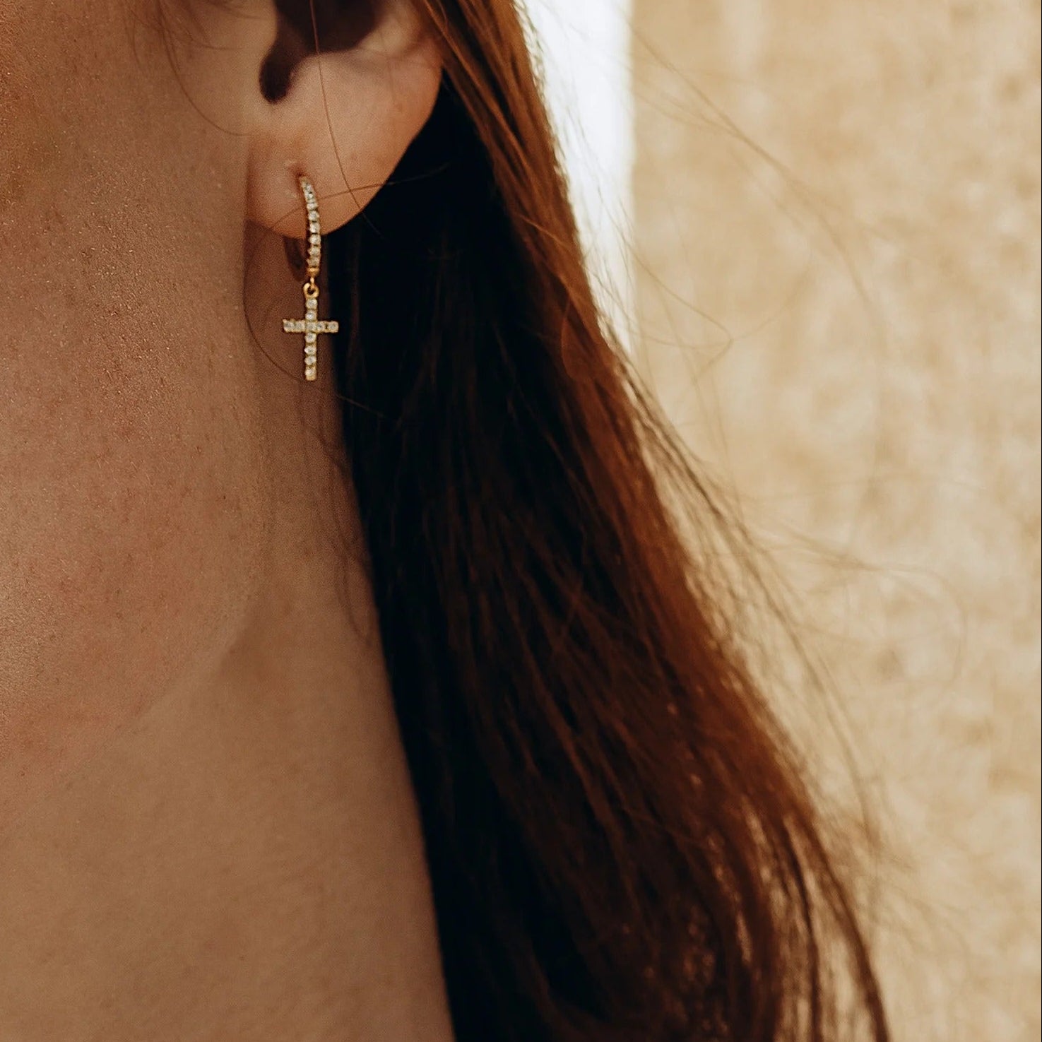 Diamond Set Cross Dangle Hoop Earrings