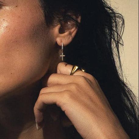 Diamond Set Cross Dangle Hoop Earrings