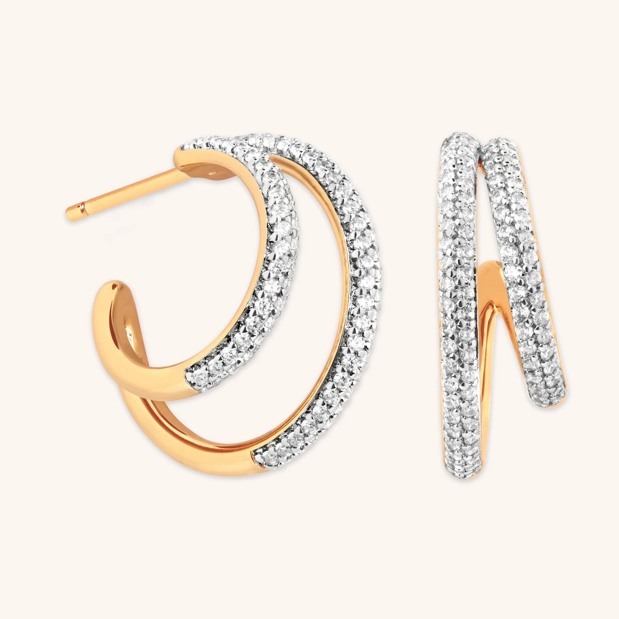 Gold Double Hoop Earrings With Pavé Set Diamonds