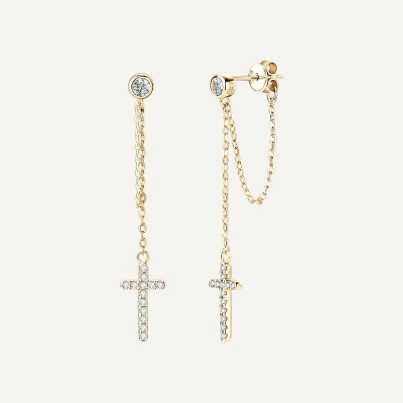 Long Chain  Cross Stud Earrings With Diamonds
