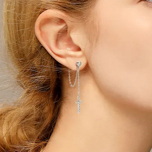 Long Chain  Cross Stud Earrings With Diamonds