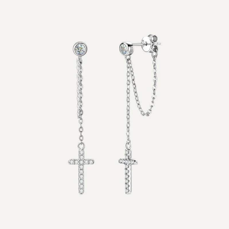 Long Chain  Cross Stud Earrings With Diamonds