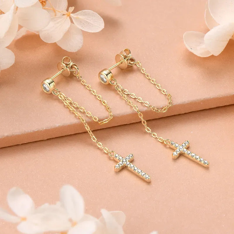 Long Chain  Cross Stud Earrings With Diamonds