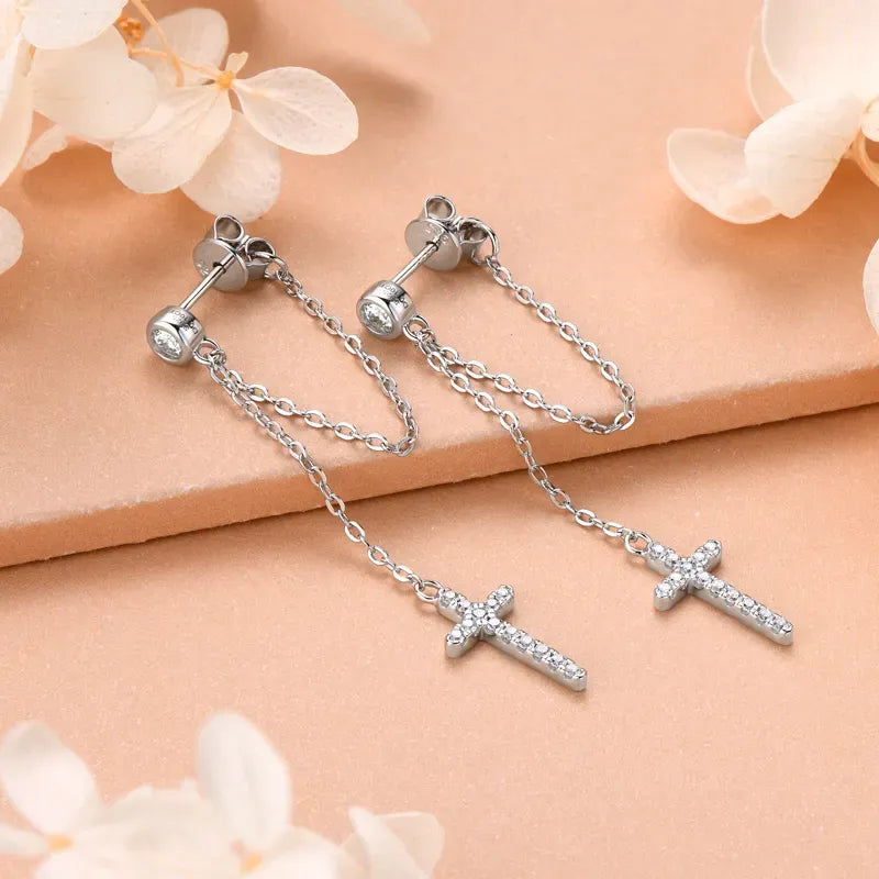 Long Chain  Cross Stud Earrings With Diamonds