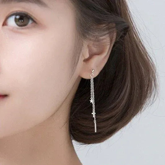 Long Tassel Silver Stud Earrings